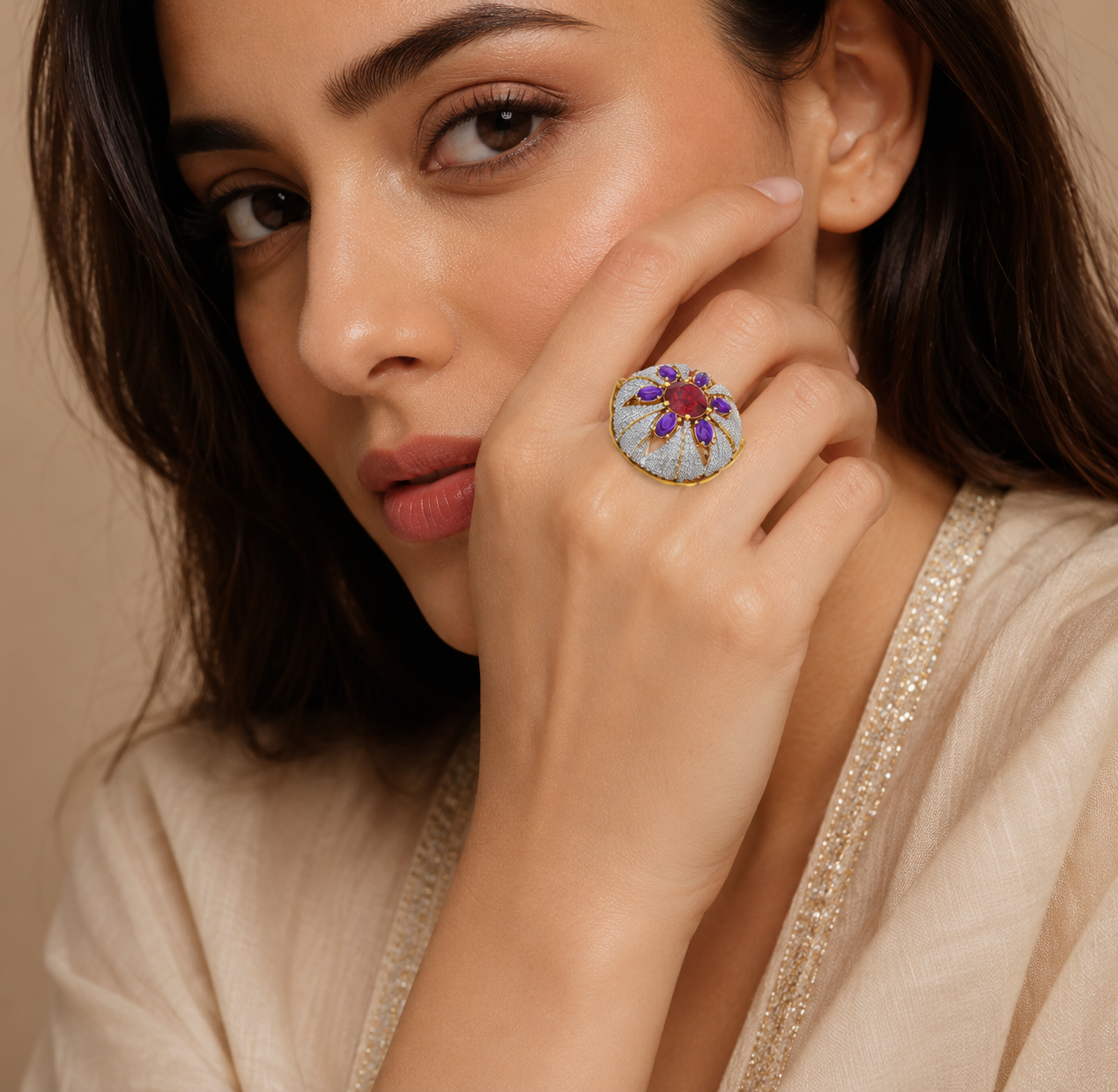 Royal Ruby & Amethyst CZ Cocktail Ring - Image 3