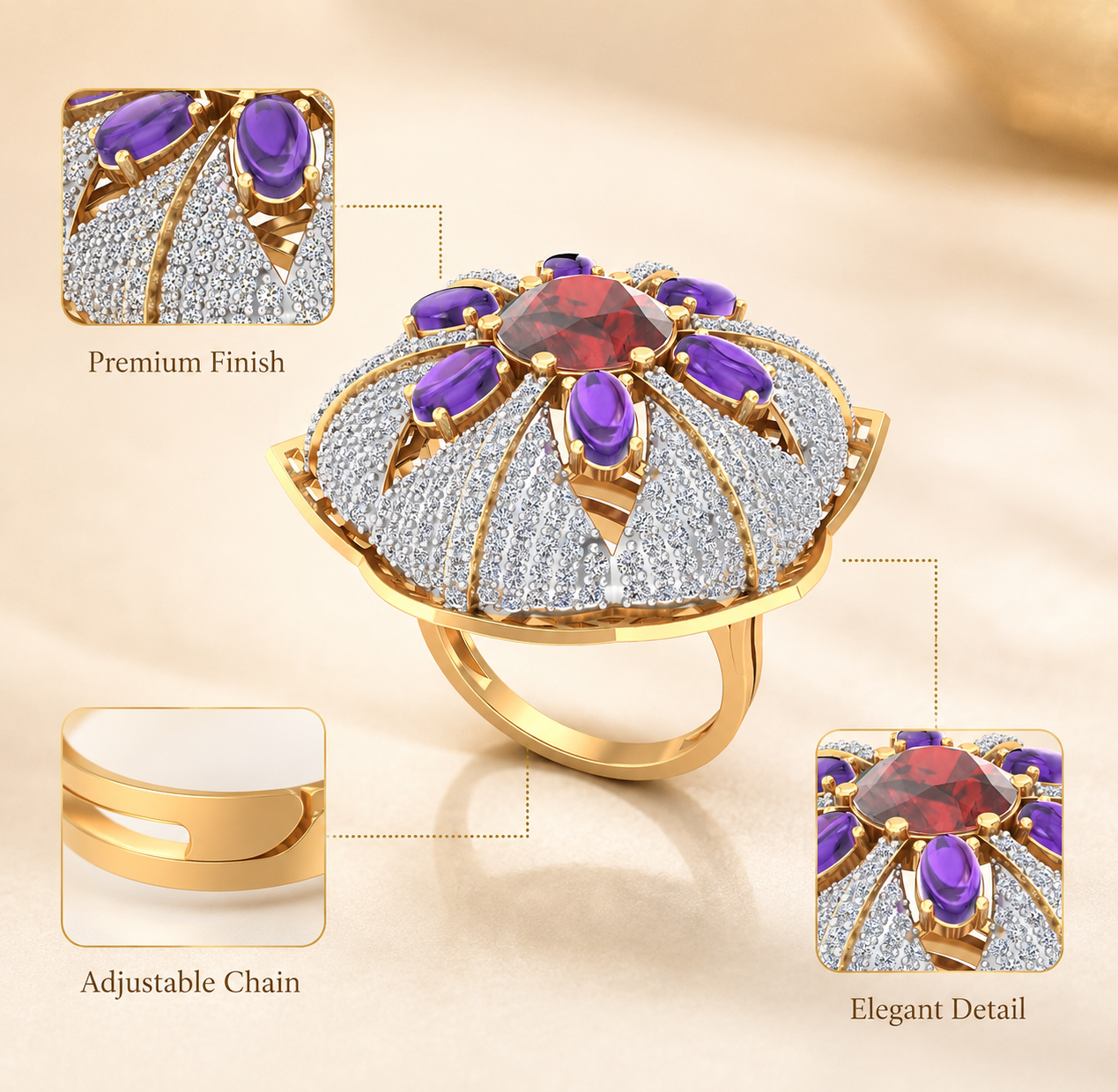Royal Ruby & Amethyst CZ Cocktail Ring - Image 4