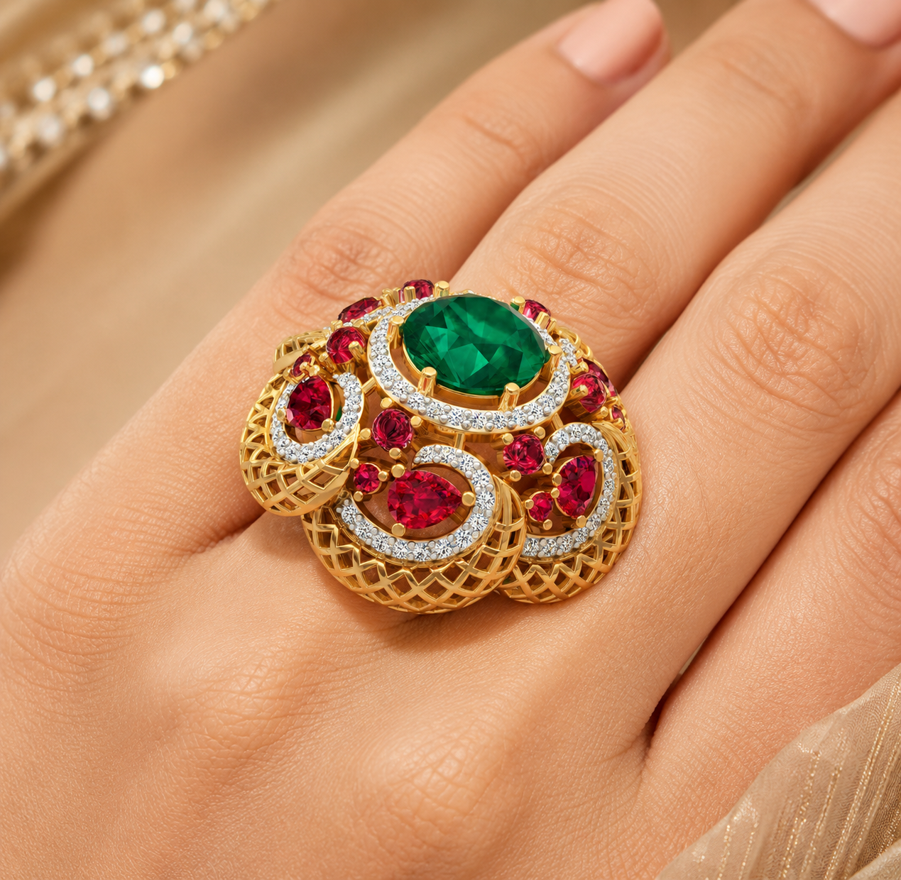Royal Emerald & Ruby CZ Cocktail Ring - Image 2