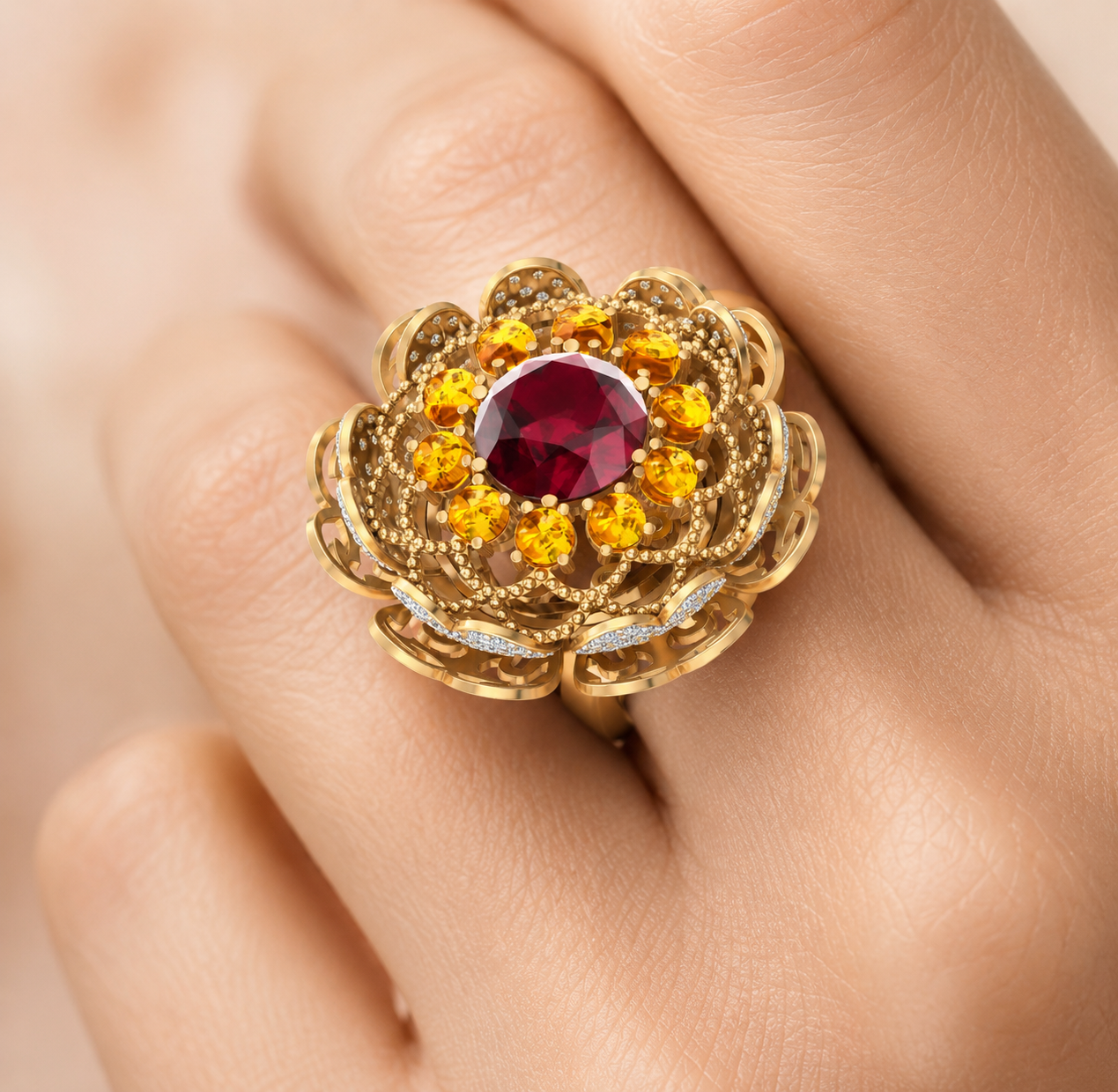 Royal Bloom Amber CZ Statement Ring - Image 2