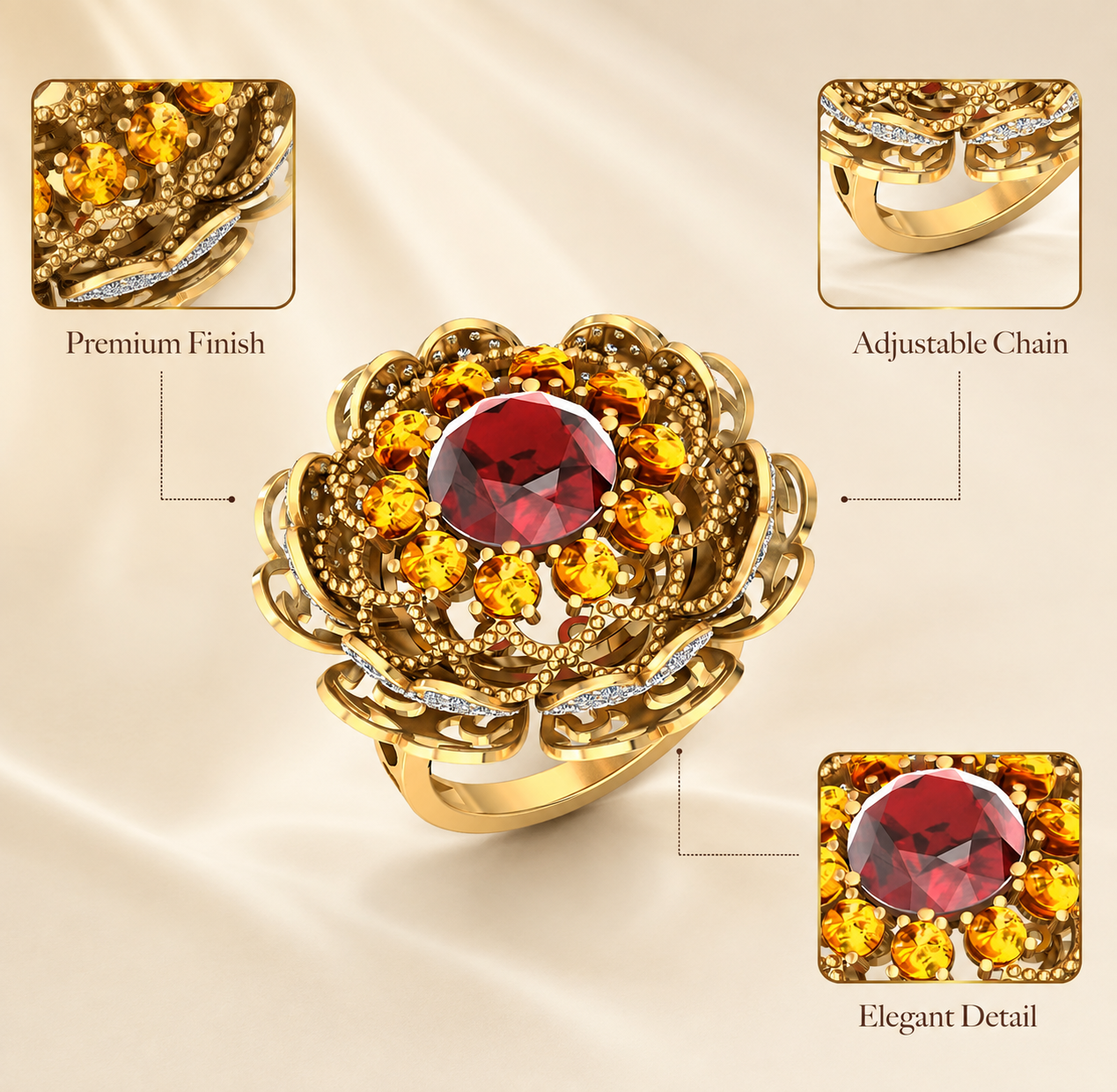 Royal Bloom Amber CZ Statement Ring - Image 4