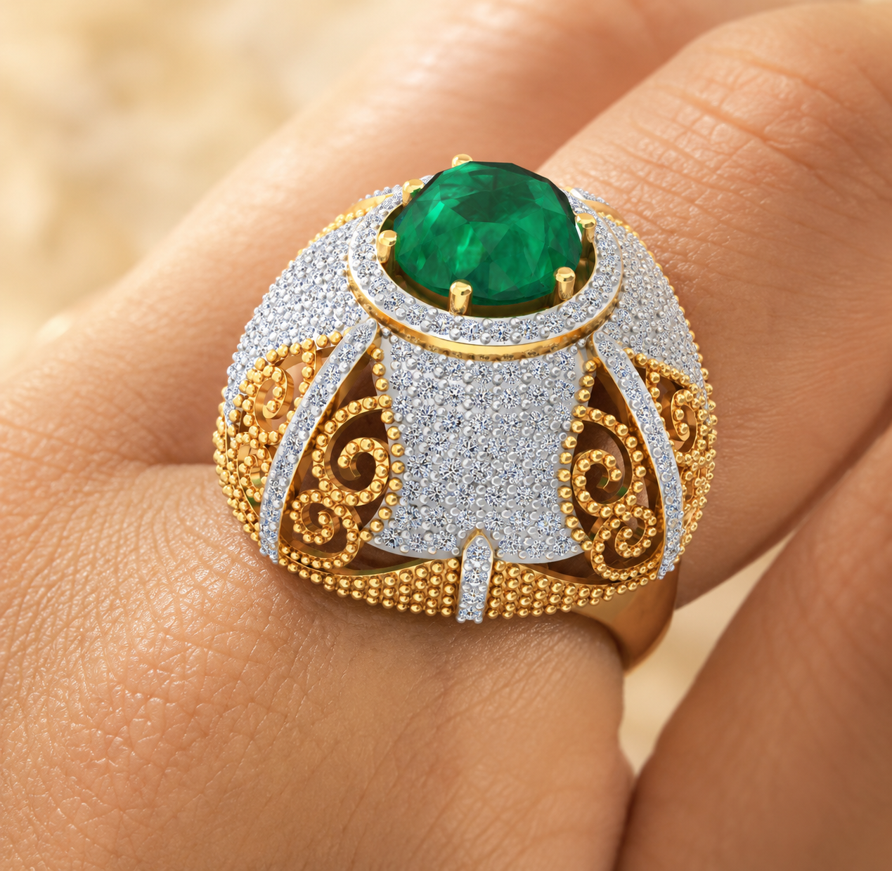 Emerald Royale CZ Filigree Statement Ring - Image 2