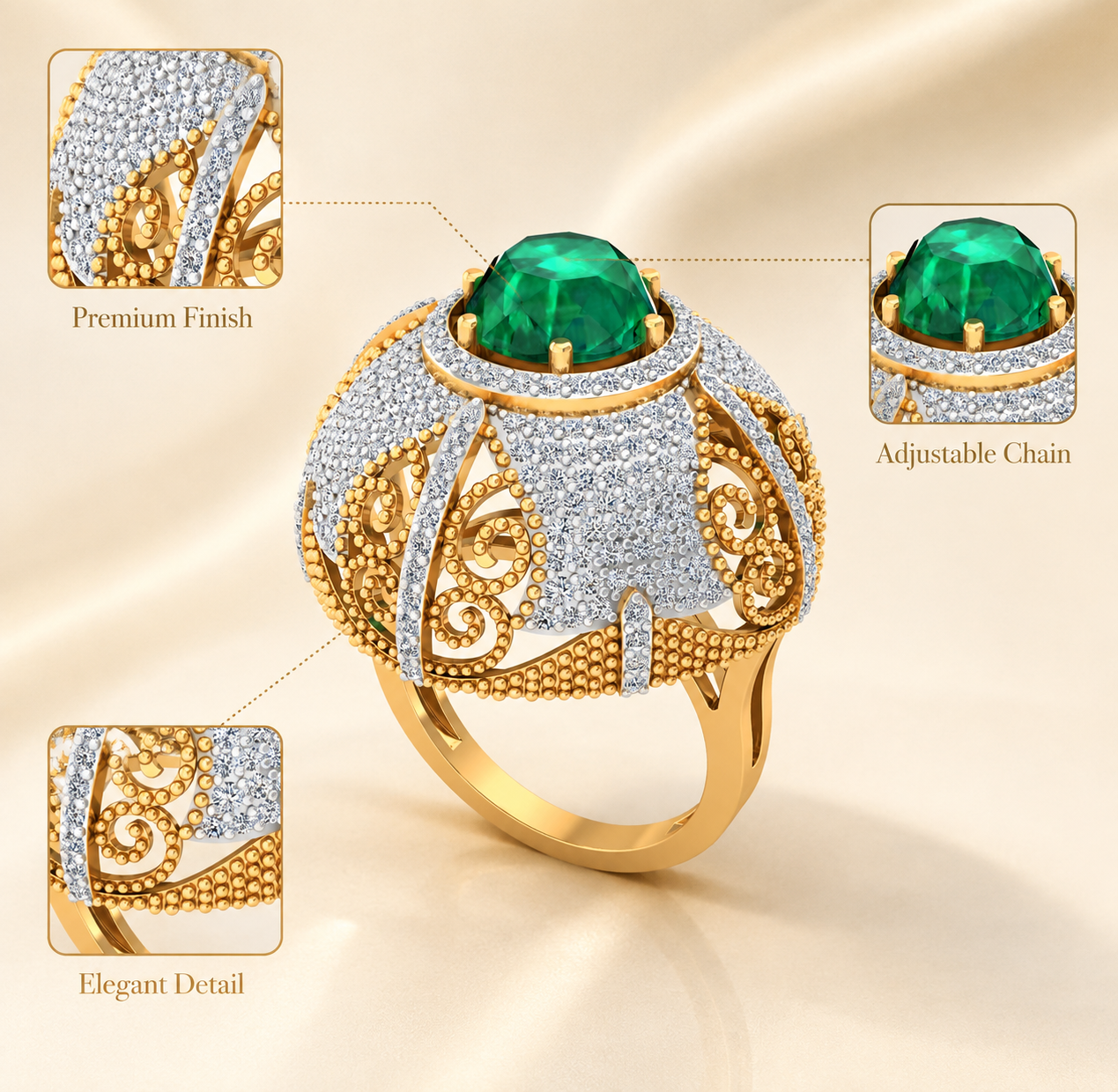Emerald Royale CZ Filigree Statement Ring - Image 4