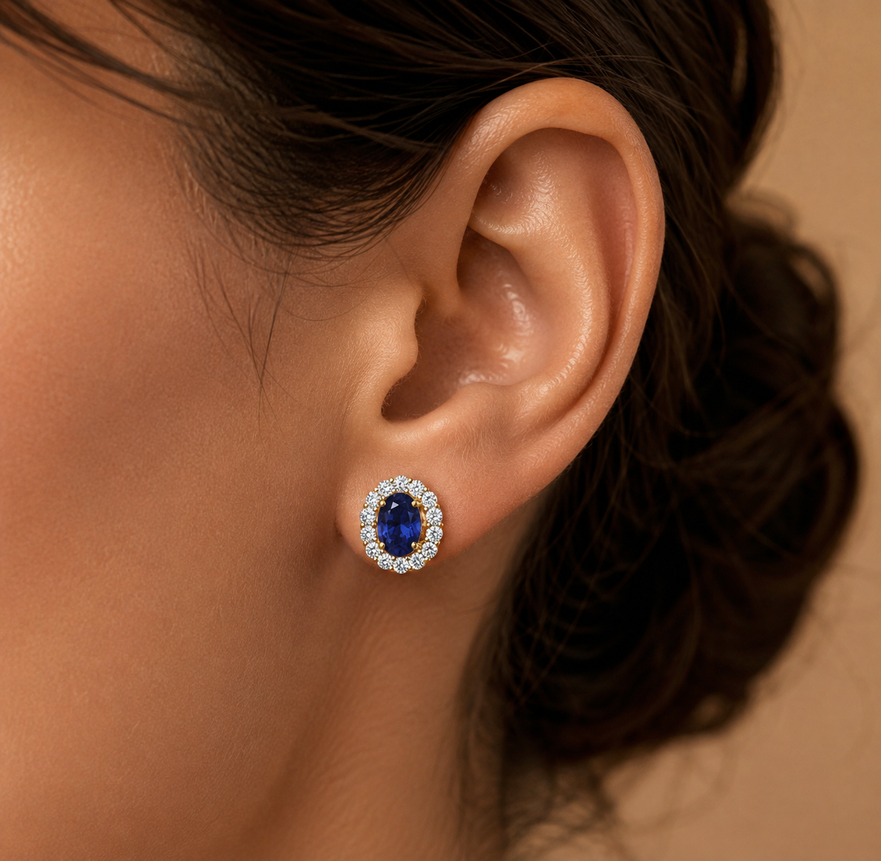 925 Sterling Silver Gold-Plated Blue Oval CZ Halo Stud Earrings for Women - Image 3