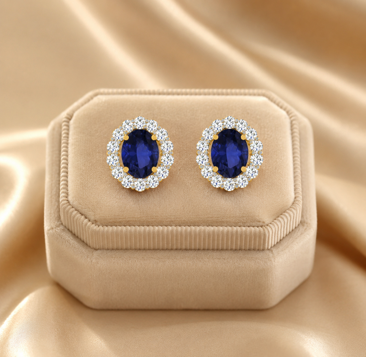 925 Sterling Silver Gold-Plated Blue Oval CZ Halo Stud Earrings for Women