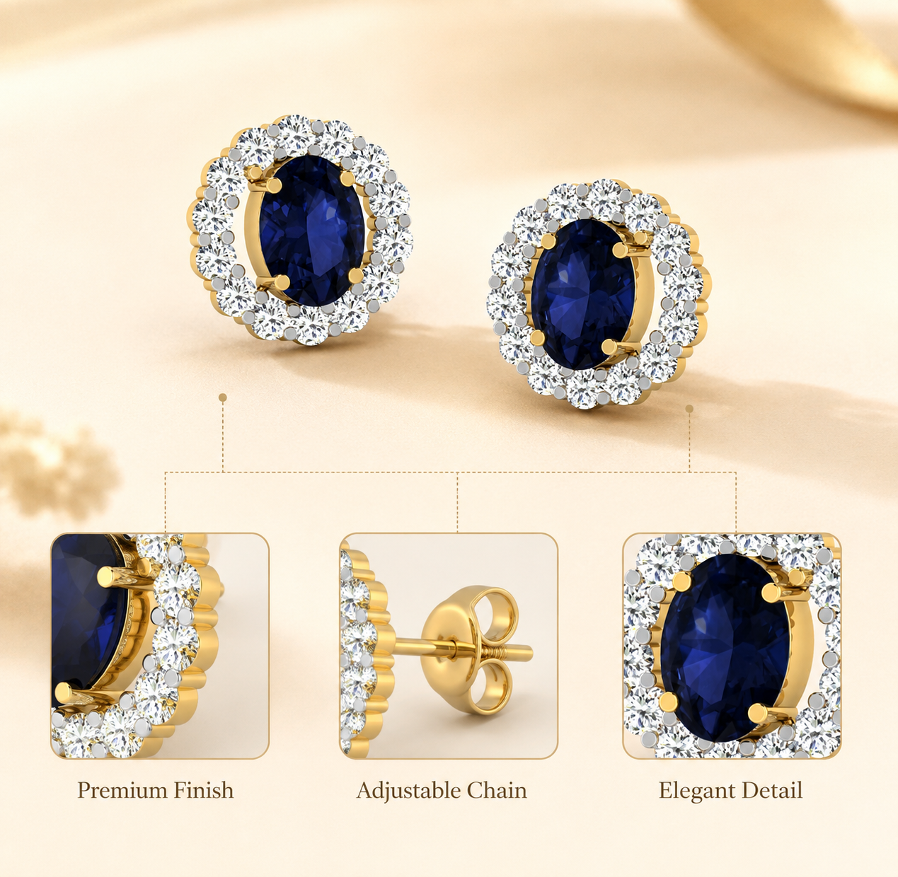 925 Sterling Silver Gold-Plated Blue Oval CZ Halo Stud Earrings for Women - Image 5