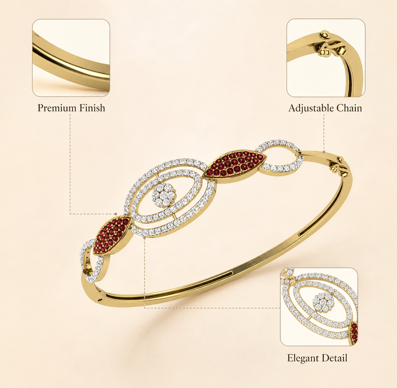 925 Sterling Silver Gold-Plated Red & White CZ Designer Bangle Bracelet - Image 4