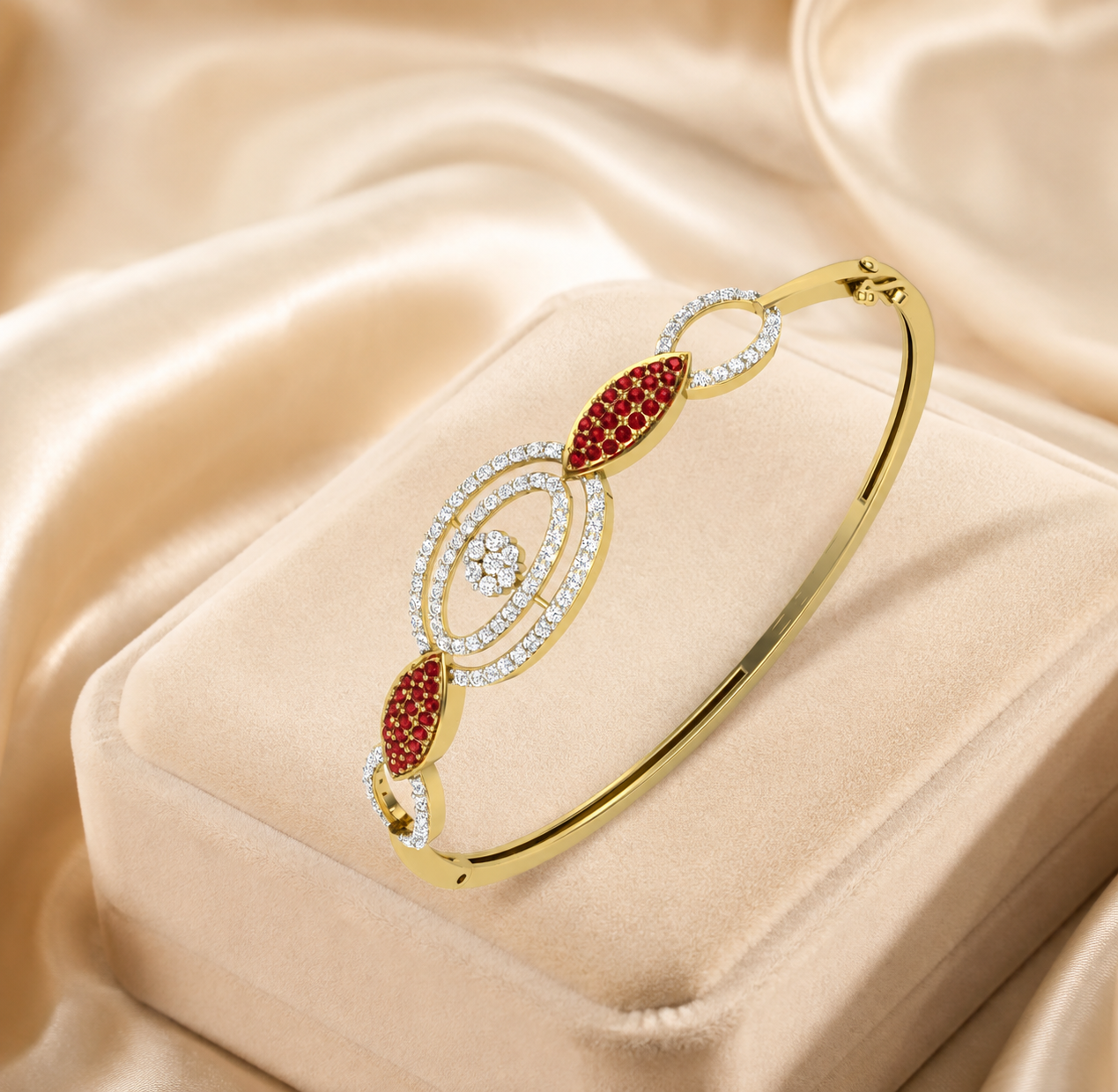 925 Sterling Silver Gold-Plated Red & White CZ Designer Bangle Bracelet