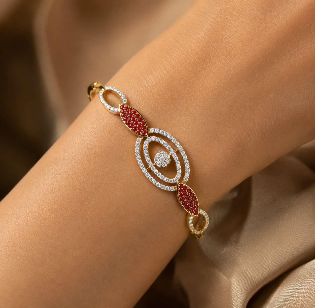 925 Sterling Silver Gold-Plated Red & White CZ Designer Bangle Bracelet - Image 3