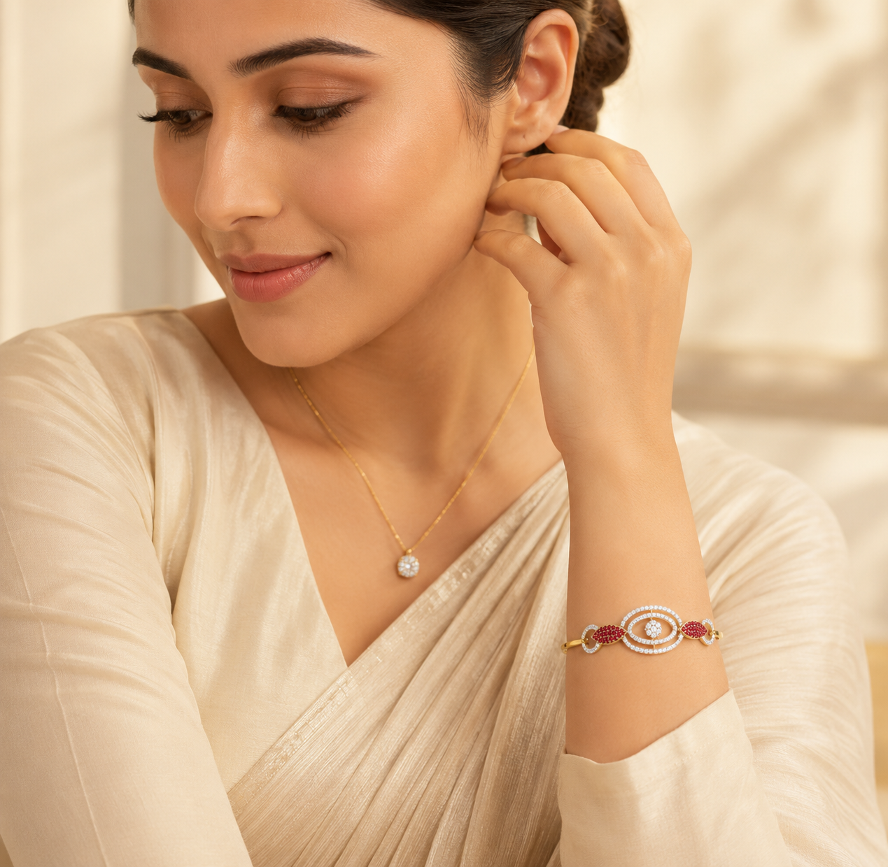 925 Sterling Silver Gold-Plated Red & White CZ Designer Bangle Bracelet - Image 2