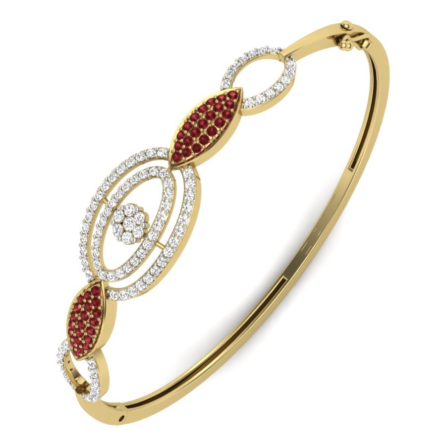 925 Sterling Silver Gold-Plated Red & White CZ Designer Bangle Bracelet - Image 5