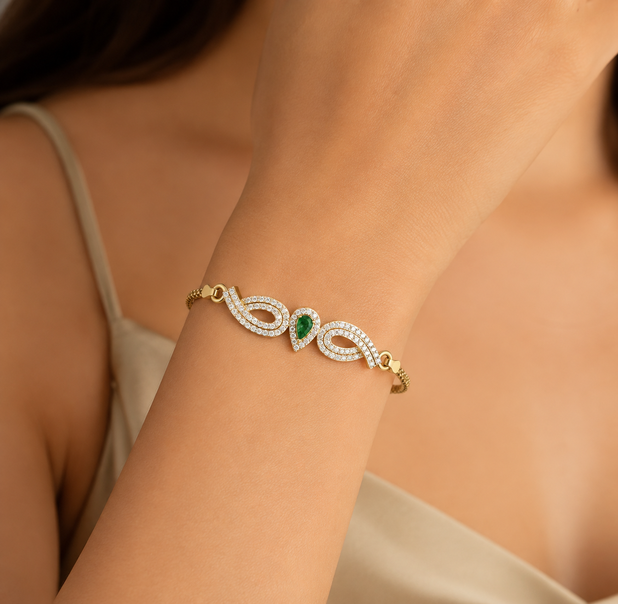925 Sterling Silver Gold-Plated Emerald Green CZ Infinity Bracelet for Women - Image 2