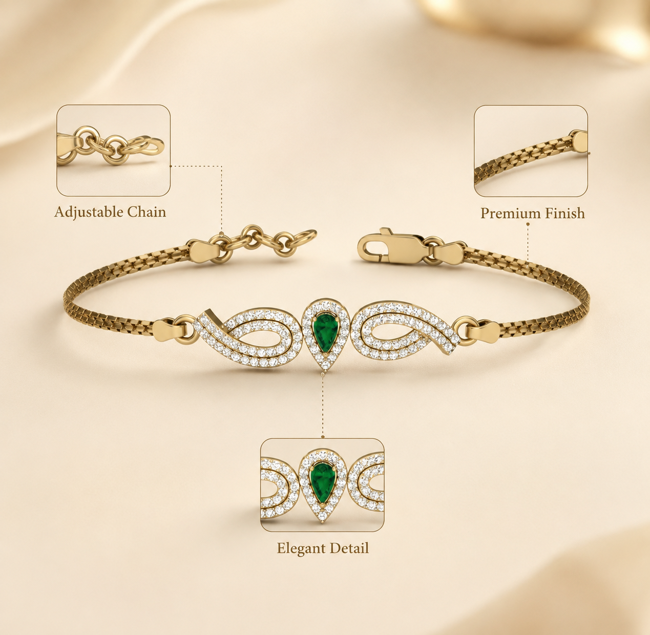 925 Sterling Silver Gold-Plated Emerald Green CZ Infinity Bracelet for Women - Image 4