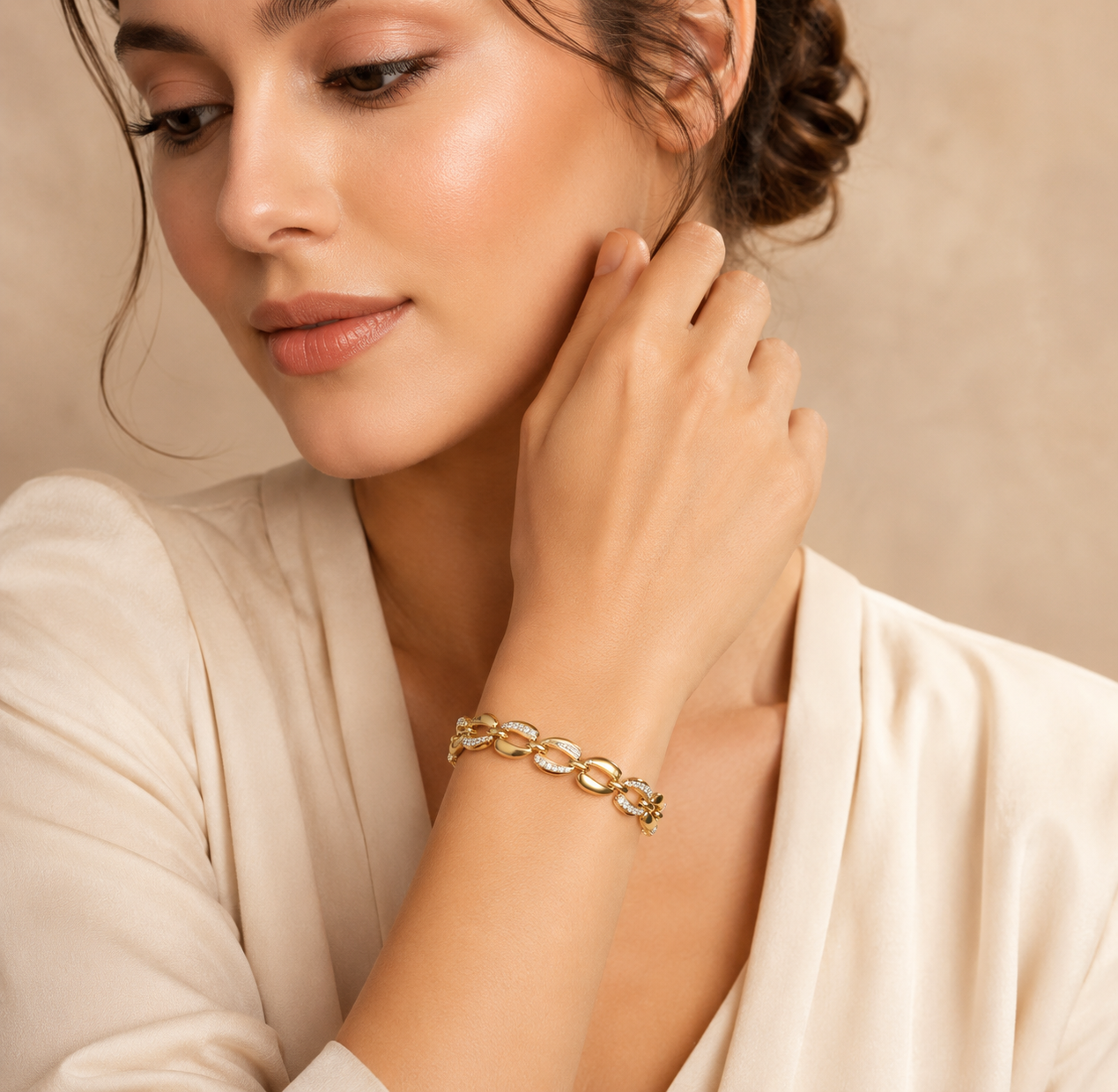 925 Sterling Silver Gold-Plated Oval Link CZ Bracelet for Women