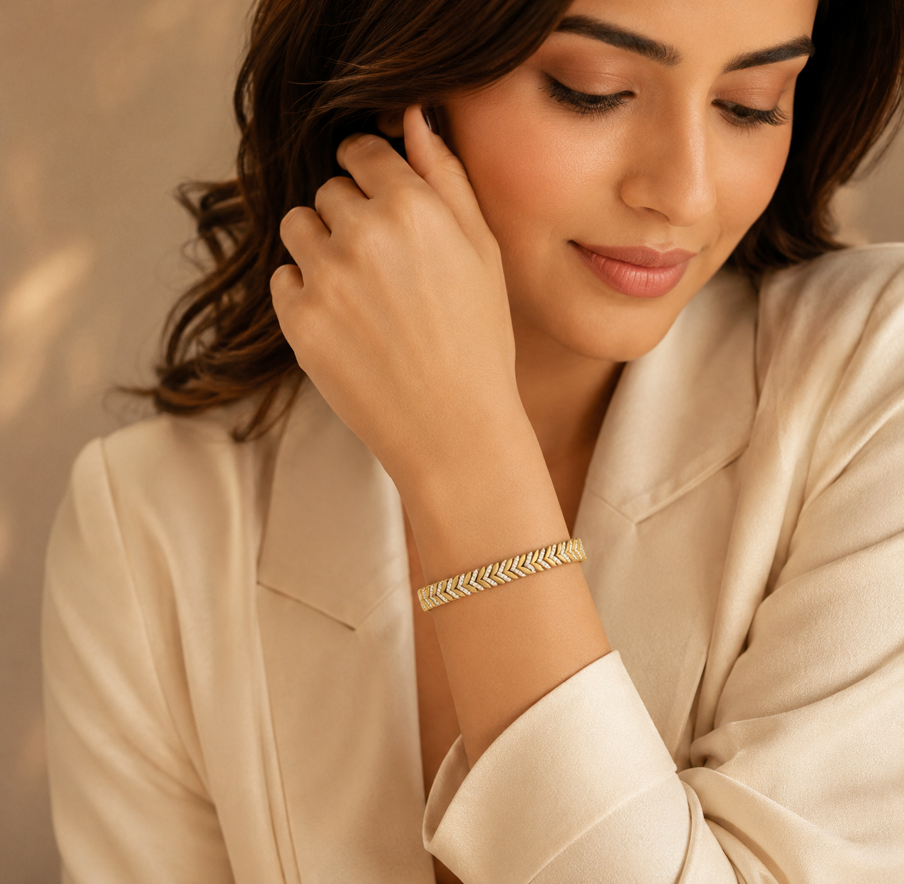 925 Sterling Silver Gold-Plated Leaf Design CZ Bracelet for Women
